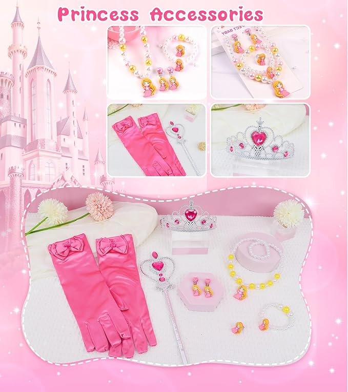 Princess Dress Up Clothes for Little Girls, Belle Costume Dress with Accessories for Birthday Party Cosplay Halloween