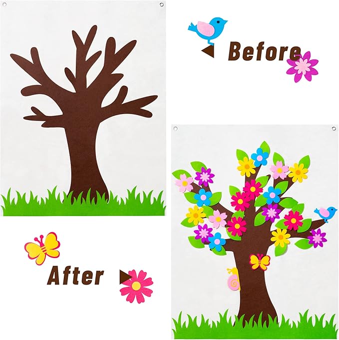WATINC 49Pcs DIY Spring Tree Felt Board Craft Kit, Flower Leaf Butterfly Snail Bird Detachable Ornaments Spring Party Decoration for Kids, Activity Creative Game Wall Hanging Decor for Home Classroom