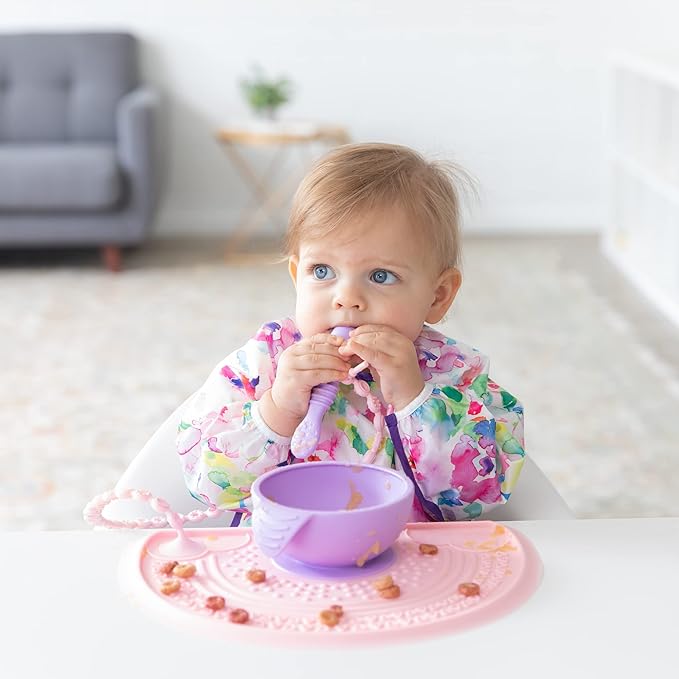 Bumkins Baby Bowl, Silicone Feeding Set with Suction for Baby and Toddler, Includes Spoon and Lid, First Feeding Set, Training Essentials for Baby Led Weaning for Babies 4 Months Up, Lavender