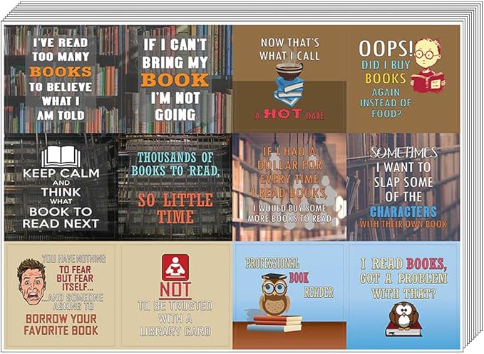 Creanoso Bookish Humor and Sayings (10-Sheet) – Total 120 pcs (10 X 12pcs) Individual Small Size 2.1 x 2. Inches, Waterproof, Unique Themes Designs, DIY Art Decal for Boys & Girls, Children, Teens