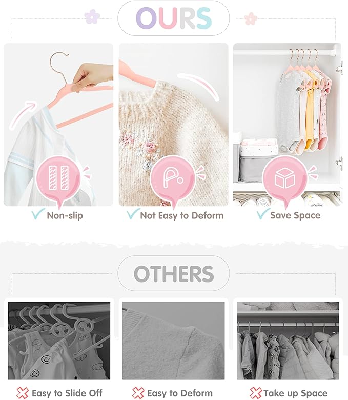 Baby Hangers, VIS'V 11 Inch Pink Velvet Kids Hangers with 6 Pcs Size Dividers Non Slip Nursery Children Closet Clothes Hangers for Infant Toddler Girls and Boys 30 Pcs