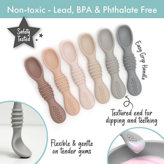 PrimaStella Silicone Chew Spoon 6-Piece Set | First Stage Feeding Spoons | Baby Led Weaning Supplies | BPA Free | Dishwasher and Boil Safe | Neutral Palette