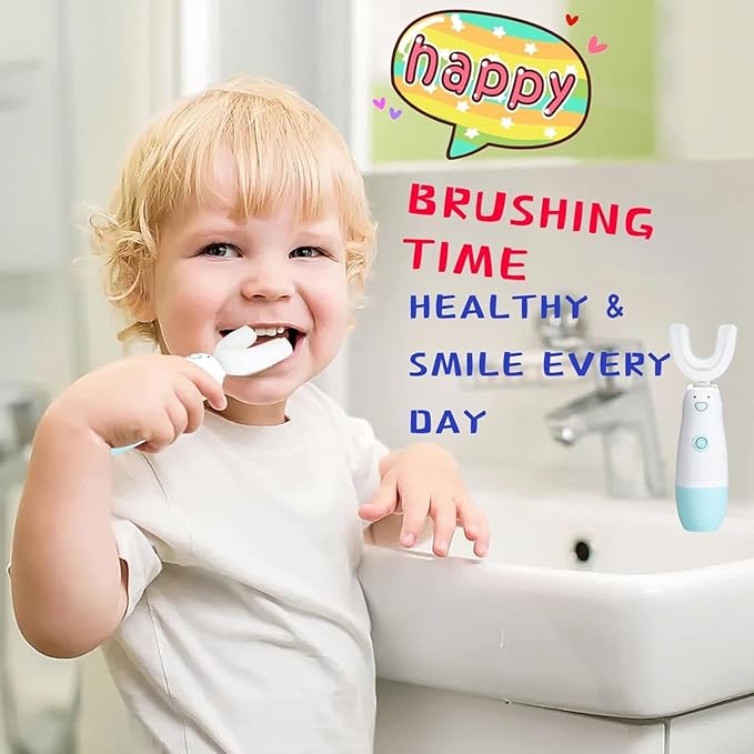 Kids Electric Toothbrush，6 Cleaning Models Toddler Toothbrush Waterproof Battery Powered 360 Automatic Sonic u Shaped Toothbrushes for 2-7 Years Old for Boys Girls（Blue）