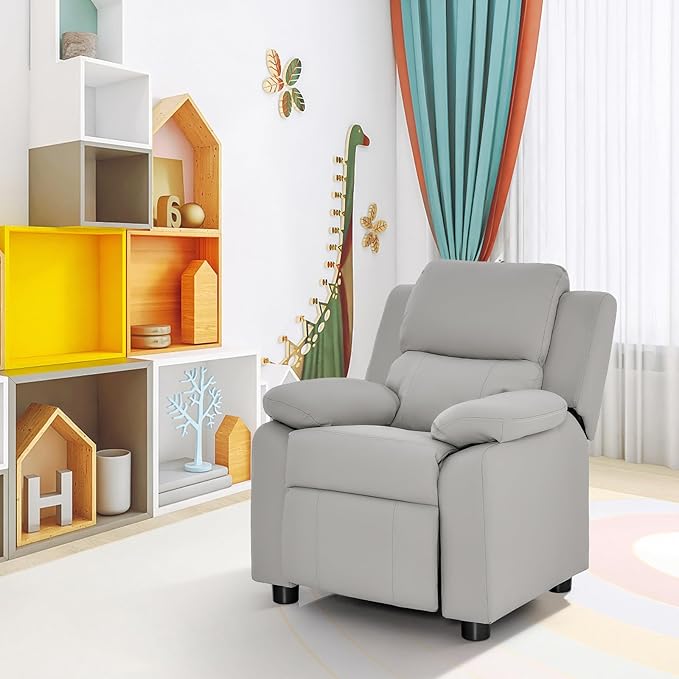 Costzon Kids Recliner, Leather Recliner Chair w/Footrest, Armrest Storage, Headrest & Lumbar Support, Ergonomic Lounge Chair for Living & Gaming Room, Adjustable Recliner Sofa for Boys Girls (Gray)