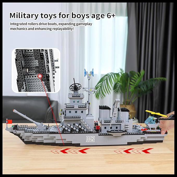 WW2 Military Battleship Building Block Set, Large-SizedCruiser Toy, Military Battle Ship Toy with Helicopter and City Lifeboat, A Gift Compatible with Lego Sets for Boys 8-14 & Adults (910pcs)