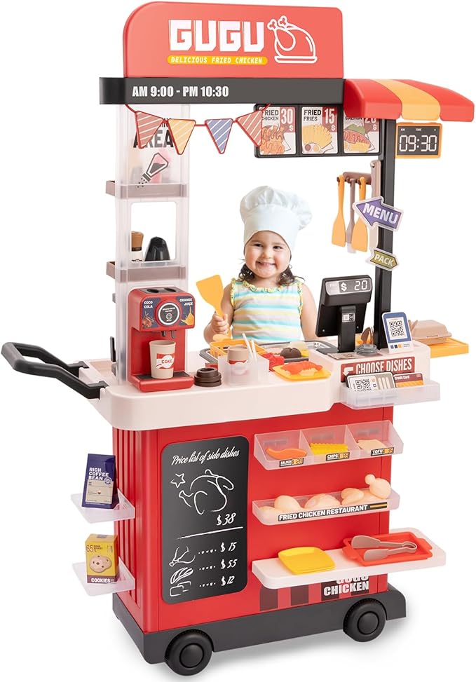 Kids Kitchen Play Set，Interactive Kids Kitchen Play Set with 82Pcs of Kitchen Toys，Realistic Sound Effects，and Simulated Functionality - Suitable for Toddlers (Red Kitchen Play Set)