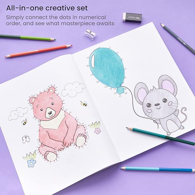 Arteza Kids Activity Book, Dot to Dot Coloring Book, 8.5 x 11 Inches, Back to School Supplies for Ages 6 and Up, 50 Sheets, 12 Double-Ended Colored Pencils, Black Marker, Eraser, Pencil Sharpener