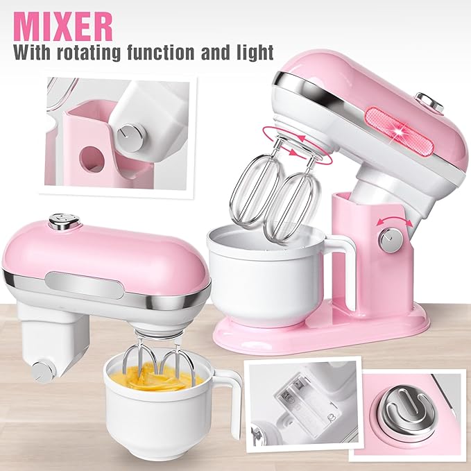 Pretend Play Kitchen Appliances Toy Set with Realistic Coffee Maker Machine, Toaster, Mixer and Blender, Kids Kitchen Playset with Sound & Light for Kids Age 3–5 4-8