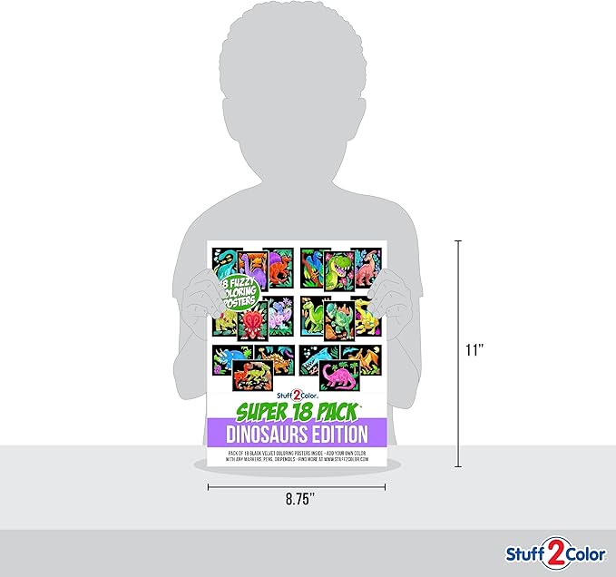 Super Pack of 18 Fuzzy Velvet Coloring Posters (Dinosaurs Edition) - Arts & Crafts for Boys and Girls - Great for After School, Travel, Quiet Time, Group Activities, and Coloring with Friends