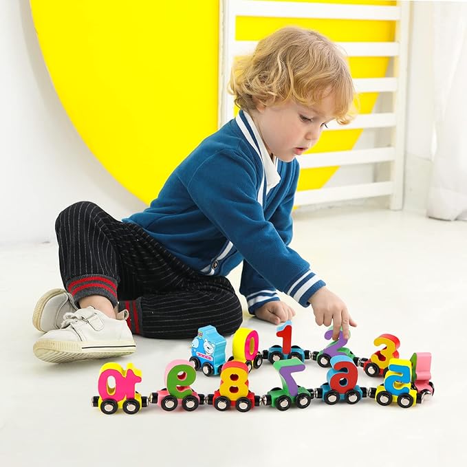 Wondertoys 12 PCS Wooden Train Set Toy Wooden Magnetic Number Train Set Includes 1 Engine Cars for Toddlers Boys and Girls, Compatible with Major Brands Train Set Tracks