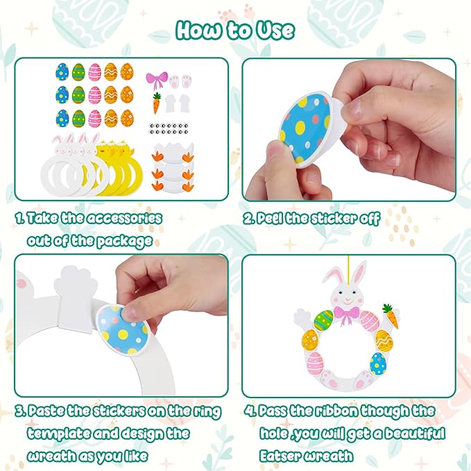 Fennoral 6 Pack Easter Wreath Craft Kit for Kids Make You Own Bunny Chick Wreath Foam Sticker Ornament DIY Easter Arts and Crafts for Art Activities Spring Easter Decoration Supplies