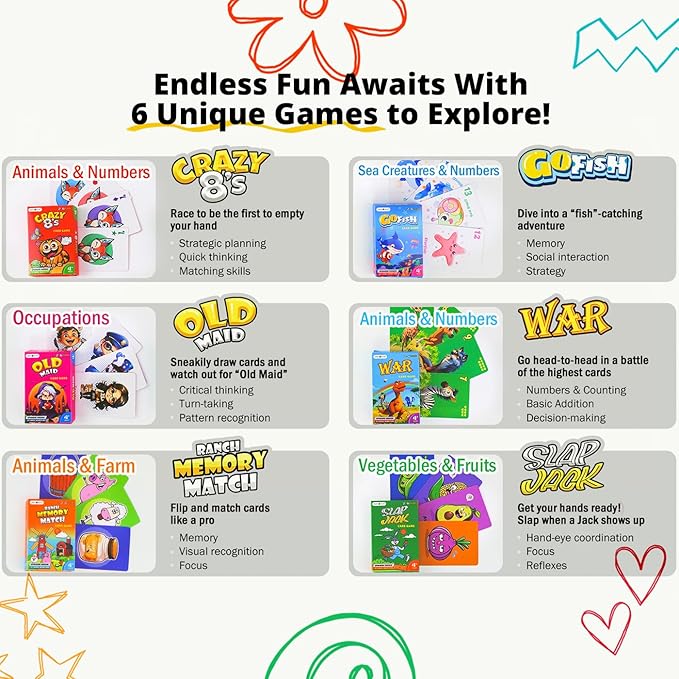 Upgraded Kids Card Games Pack, 6 Decks, Go Fish, Old Maid, Crazy Eights, Memory Match, Slap Jack, War, Playing Cards, Easter Basket Stuffers, Stocking Stuffers