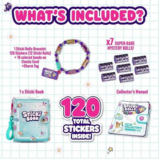 STICKI Rolls Sticki Book - Wearable & Shareable Sticker Bracelet + Collection Sticki Book | Includes 120 Mini Stickers | 50 Activity Pages | Over 1000 Fun Sticker Designs to Discover and Collect!