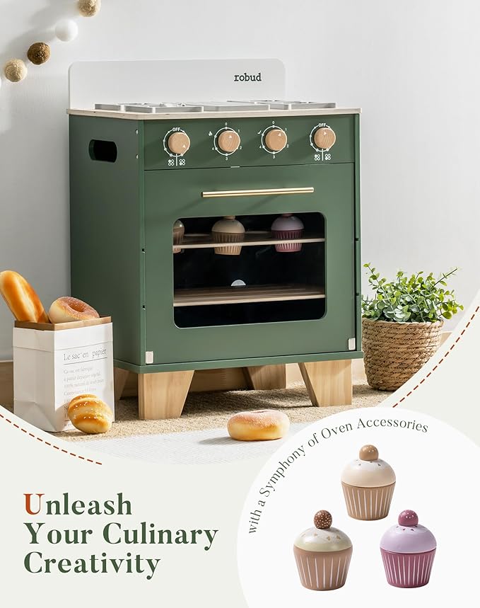 ROBUD Vintage Wooden Toy Kitchen Oven for Kids, Pretend Play Oven with Push-Pull Baking Tray, Realistic Sound Effects, Ideal Gift for 3+ Years Old Grils and Boys
