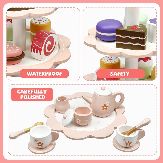 Wooden Tea Party Set for Little Girls, 25Pcs Wooden Tea Set with Play Food Dessert Cakes and Cake Stand for Toddler, Wooden Pretend Play Tea Set Toys for Toddlers 2 3 4 5 6 Years Old Birthday Gift