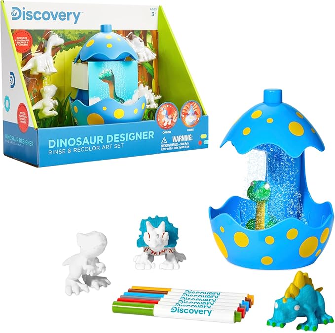 DISCOVERY KIDS Dinosaur Crafts Painting Kit, Dinosaur Designer Rinse & Recolor Art Set - Dino Arts & Crafts for Kids Includes 4 Dinos, 1 Egg Shower & 6 Washable Markers, 11-Piece Color & Wash Activity
