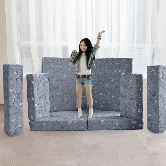 MeMoreCool 10-Piece Kids Couch, Modular Kids Sofa for Playroom, Fold Out Play Couch for Girl Boy, Glow Dino