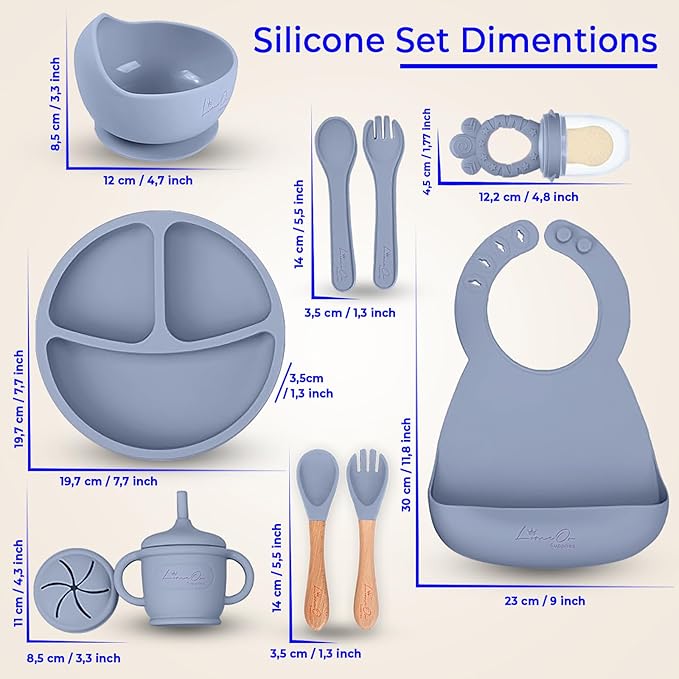 Silicone Baby Feeding Set - BPA-Free - Baby Led Weaning Supplies, Complete Kit toddler eating essentials – Empower Your Little One's Independence with LimOr's baby essentials 6-12 months (Gray)