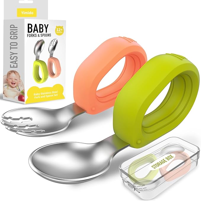 Toddler Utensils Baby Utensils Toddler Forks and Spoons Baby Forks and Spoons Set Kids Stainless Steel Silverware Set Children Safe Forks and Spoons Self Feedig-Dishwasher Safe(Orange+Green)