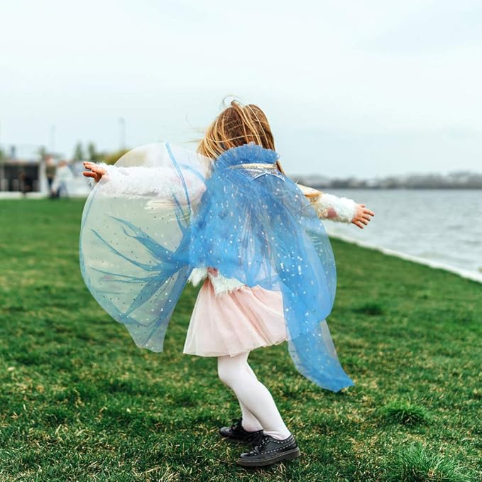 Fedio Princess Cape Set 7 Pieces Girls Princess Cloak with Tiara Crown, Wand for Little Girls Dress up (Blue)