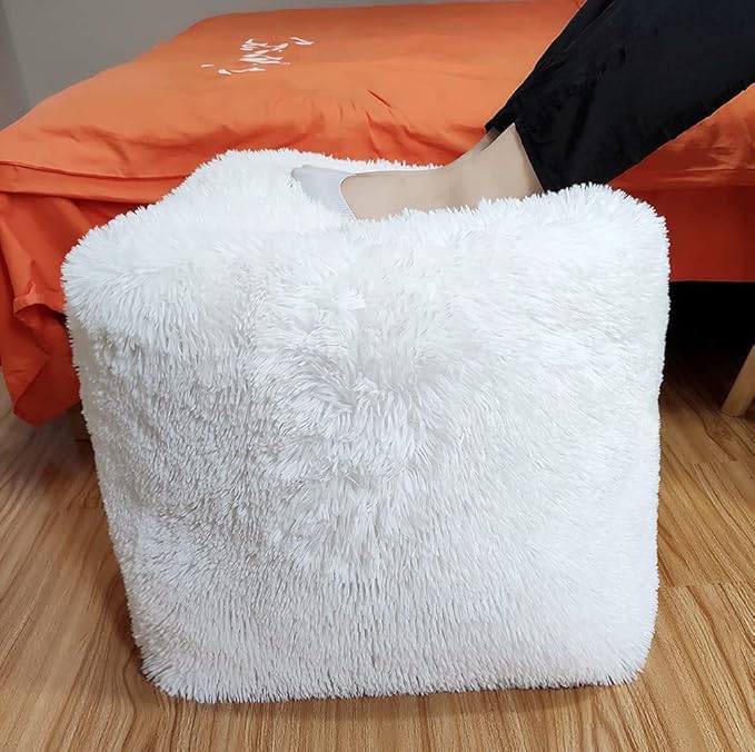 Asuprui Square Pouf Ottoman Unstuffed White 18x18x15 Inches Fuzzy Storage Bean Bag Unstuffed Pouf Ottoman Foot Rest NO Filler Ottoman Pouf for Living Room Bedroom Cover ONLY
