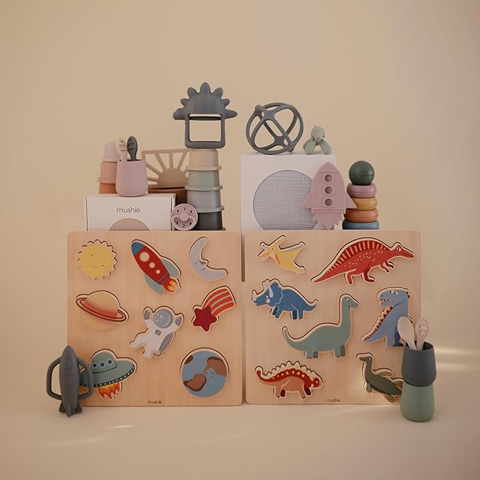 mushie Wooden Dino Puzzle | for Kids 3 Years+ | Preschool Educational & Toddler Montessori Toys (7 pcs)