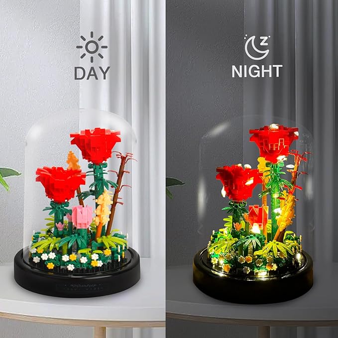 Topdear Flower Bouquets Building Sets with LED String Light and Dust Cover, 593 Pcs Red Rose Bouquet Building Block Gifts for Mothers Day, Valentines Day, Birthday, Anniversary, Christmas