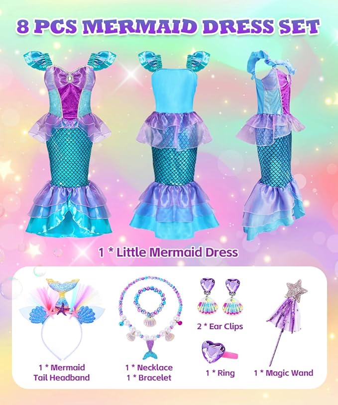 Mermaid Costume Dress, Mermaid Princess Dress for Girls with Wig Headband Necklace for Birthday Party Cosplay
