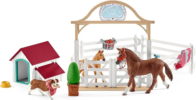 Schleich Horse Club — Hannah's Guest Horses Playset, 20-Piece Horse Stable Toy Set Including Mare, Foal, Hannah Doll and Dog Figurine, Horse Toys for Girls and Boys Ages 5+