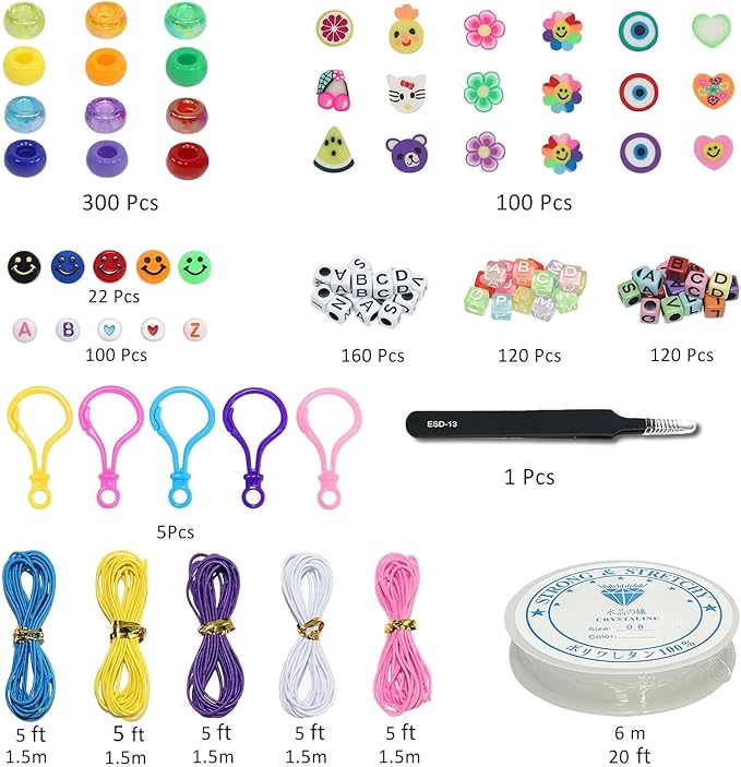 LIS HEGENSA Bracelet Making kit, Craft Bead Making Pony Beads, Polymer Clay Beads, Smiling face Beads, Letter Beads, Jewelry Making kit, DIY Handicraft Gifts for Girls Aged 6 to 12