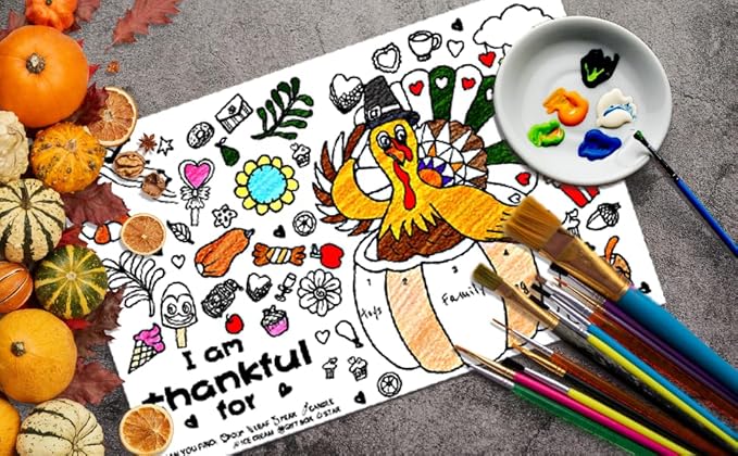 4E's Novelty Thanksgiving Placemat Activity Kids Coloring Placemats for Kids & Adults, 11x17 Paper Disposable Placemats Crafts Bulk, 12 Pack, Thankful Activities for Family Dinner Table