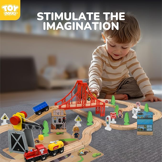 TOY Life Train Set 80pcs Wooden Train Set with Crane, Wooden Train Tracks Toy Train Set for Toddlers 3 4 5, Wooden Toys Toddler Train Set Gift for Kids 4-8, Fits Thomas Brio Melisa Train Track Set
