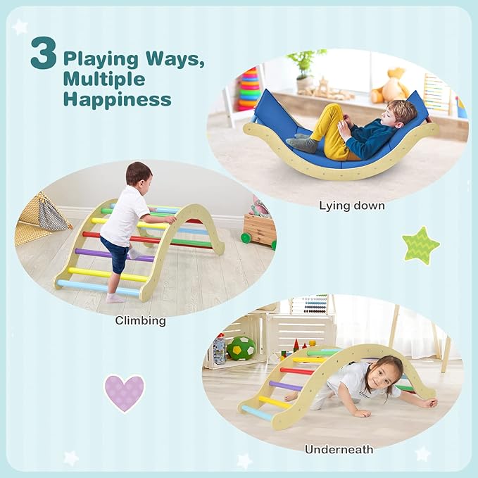 Costzon Climbing Toys for Toddlers, 3-in-1 Montessori Wooden Arch Climber Ladder Structure with Rock Climbing Ramp/Padding, Indoor Gym Learning Playset, Playground for Kids Gift (Rainbow)