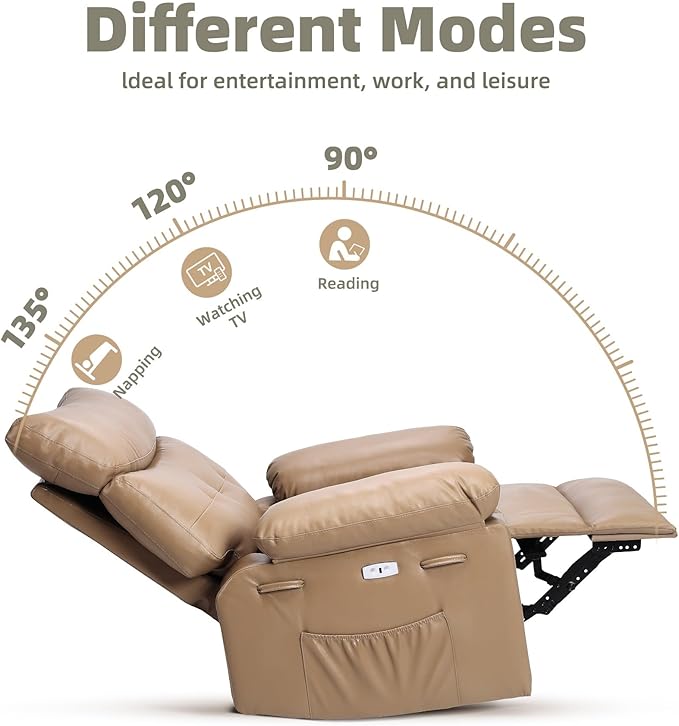 Electric Recliner Chair - 360° Rocker Swivel Recliner with Heat and Massage, PU Leather Large Power Recliner for Adults, Comfortable Lazy Chair with 1.5X Sponge Filling for Living Room, Tan
