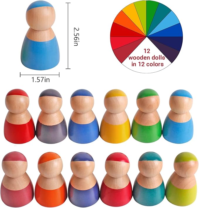 SHIERDU 12 PCS Rainbow Wood Peg Dolls Wooden Pretend Play People Figures for Toddlers Preschool Learning Educational Toys Wooden Toddler Toys for Boys Girls