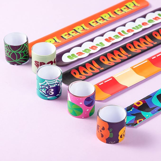 JOYIN 120 PCS Halloween Slap Bracelets Party Favors for Kids - 24 Designs Bracelets for Halloween Decorations, Halloween Treat Bag Stuffers, Non-candy Gift