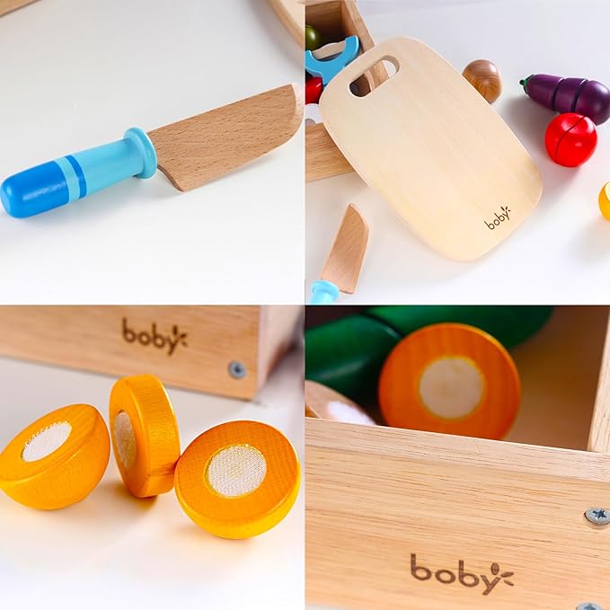 Dailyfunn Wooden Pretend Play Foods Set for Kids Kitchen Montessori Cutting Playset Toys with Storage Box