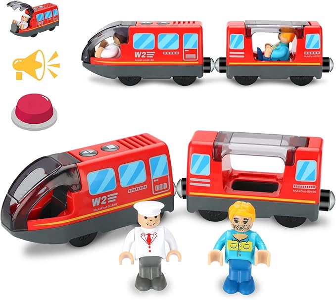 Battery Operated Train Set for Wooden Train Track (w/sound & Magnetic Connection), Powerful Engine Action Locomotive Train Set Fits Brio, Thomas, Chuggington Wooden Tracks, Train Toys for Toddlers 3Y+