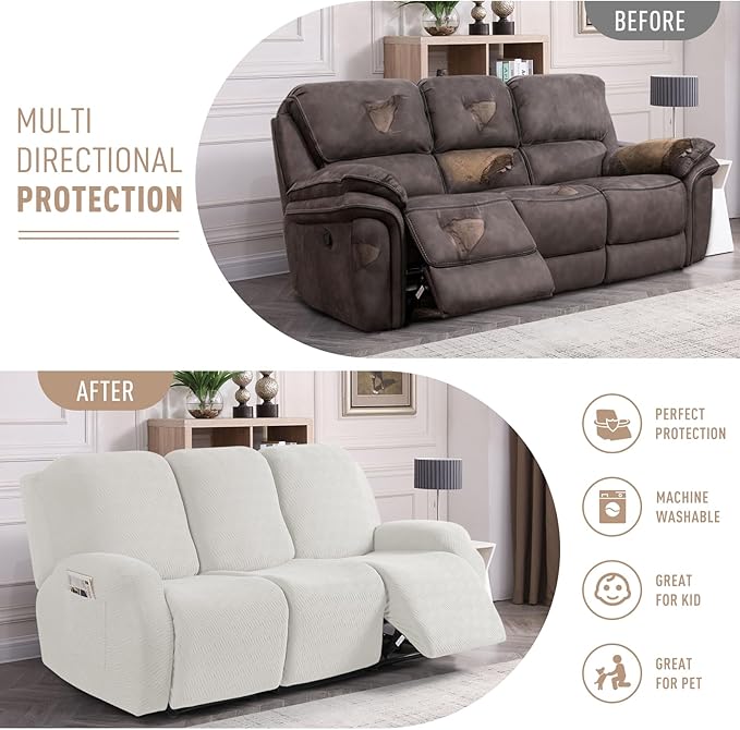 KinCam Recliner Covers, Stretch Reclining Chair Covers, Recliner Sofa Slipcovers Stripe Jacquard Recliner Couch Covers Furniture Protector Covers for Pet Kid (3 Seater, Cream)