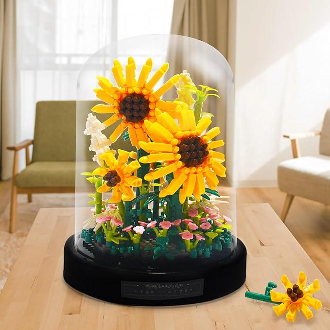 Topdear Sunflwer Building Block with LED String Light and Dust Cover, Flower Bouquet Building Set Gifts for Mothers Day, Valentines Day, Birthday, Anniversary, Christmas