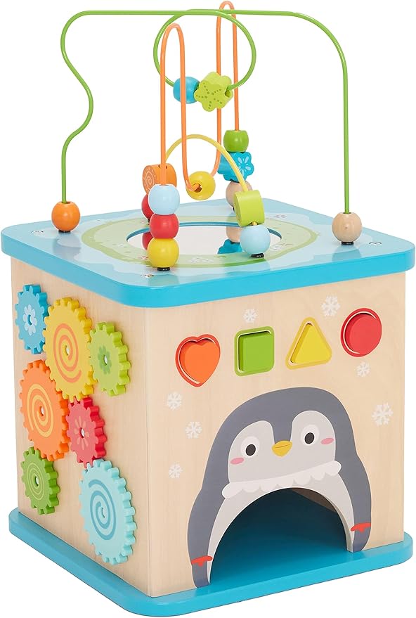 Amazon Basics Kids Wooden Educational Activity Learning Cube Toy, Gift for Toddlers Age 12M+, Developmental Shape Sorter, Multicolor, 13.4x22.5x13.4inches