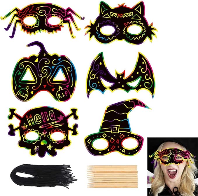 CCINEE 36pcs Halloween Scratch Paper Mask, Magic Scratch Off Art Masks with Elastic Cords and Wood Stylus for Halloween Costume Dress up Party Decorations
