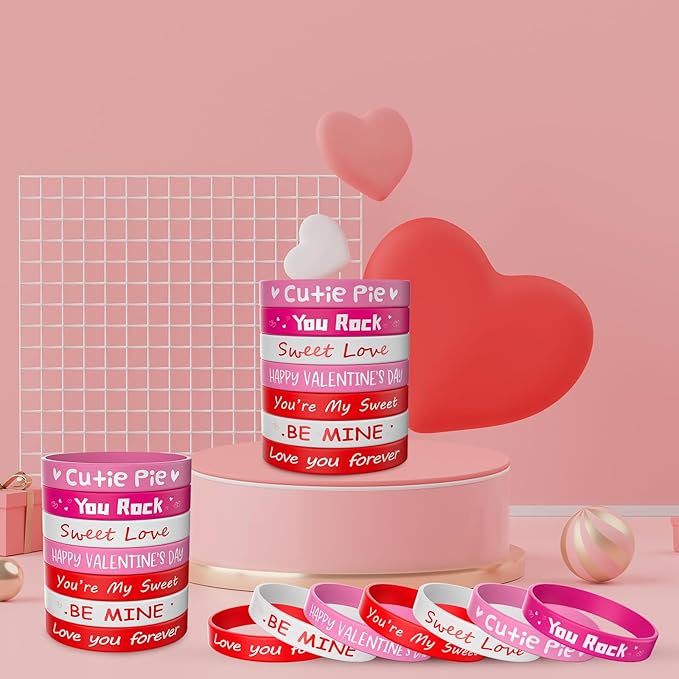 Morcheiong 42 Pieces Valentine's Day Party Favors Rubber Bracelets Pink Red Classic Silicone Wristbands for Kids Adults Valentine's Day Party Decorations