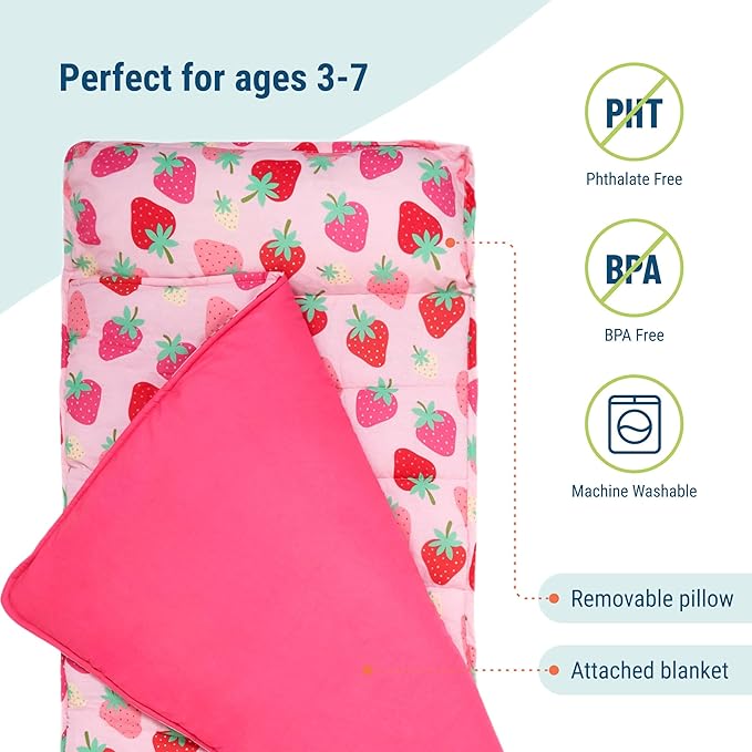 Wildkin Original Nap Mat with Reusable Pillow for Boys & Girls, Perfect for Elementary Daycare Sleepovers, Features Hook & Loop Fastener, Cotton Blend Materials Nap Mat for Kids