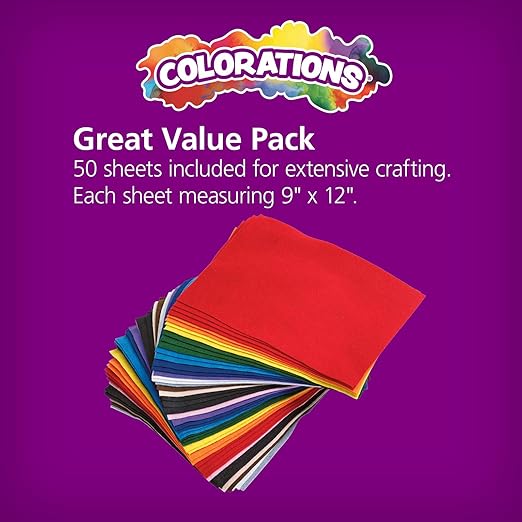 Colorations 100% Polyester Felt Sheets 9 inches x 12 inches, 13 colors, 1mm Thick, 50 Sheet Pack for Sewing and DIY Arts & Crafts Projects, Blue,Gray,Green,Orange,Purple,White