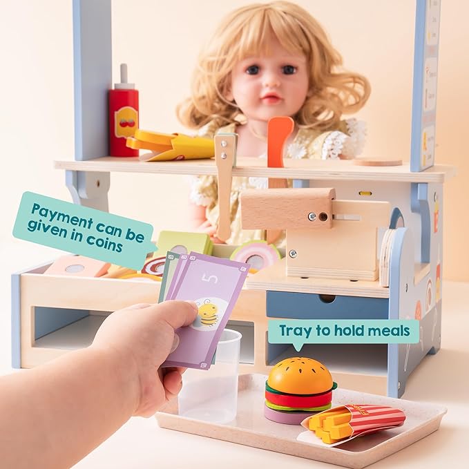 ROBUD Pretend Play Food Toys for Kids Toddlers, Wooden Kitchen Food Sets for Boys Girls - Sandwich Counter with Deli Slicer