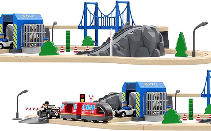 Wooden Train Tracks Accessories, Train Set Piece of Police Station Compatible with All Railroad Track Collection, Train Toys Expansion Pack for Kids Ages 3 and Up.