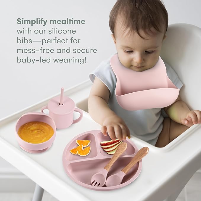 Childlike Behavior Baby Led Weaning Set 6 - Silicone Baby Feeding Set - Pastel Pink Self Feeding Baby Wooden Fork and Spoon, Plates, Bibs - Easy to Grip - Eating Learning Essentials