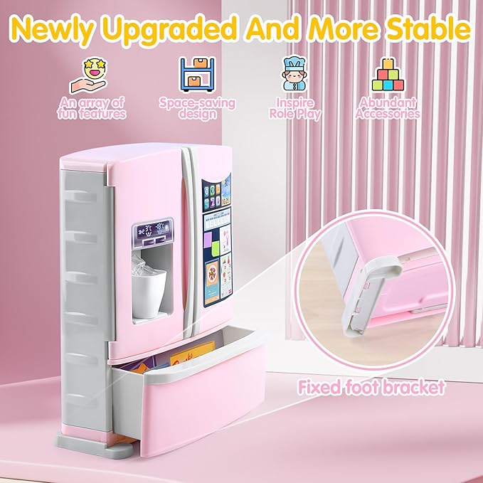 PLAY Kids Kitchen Refrigerator with Ice Dispenser, Pretend Play Fridge Kitchen Set for Toddlers, Toy Kitchen Appliance Accessories for Girl Boy Christmas Birthday Gift Age 1-3 4-8