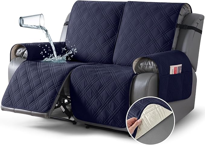 TAOCOCO 100% Waterproof Loveseat Recliner Cover, Non Slip Split Loveseat Covers for Reclining Loveseat with Elastic Straps, Washable Recliner Chair/Furniture Protector for Pets(2 Seater, Navy Blue)